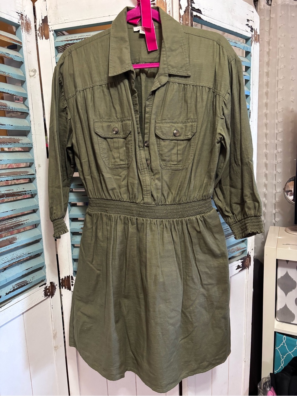 American Eagle Olive Green Button-Up Shirt Dress smocked waist medium